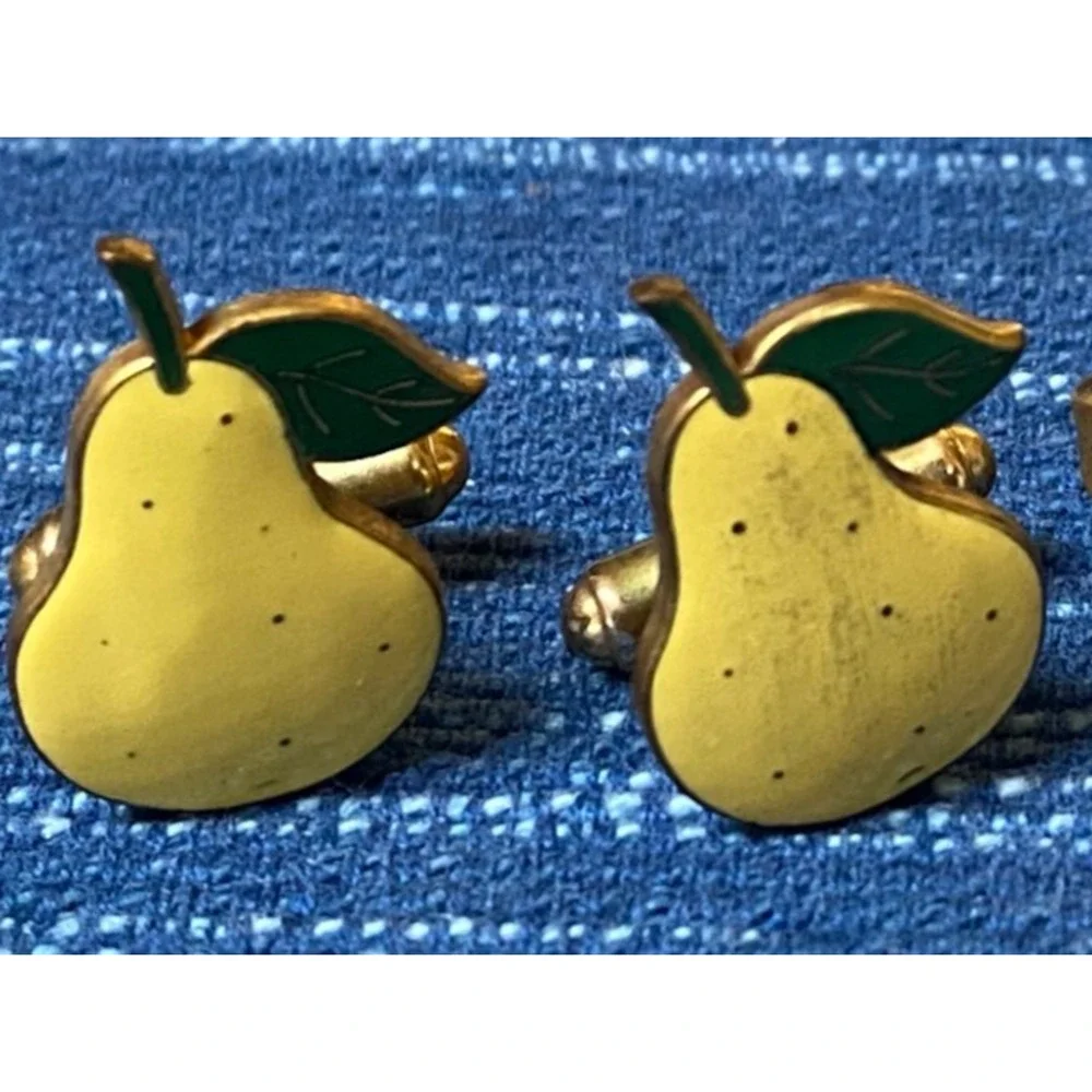 Vintage Tie Bar Clip Yellow Enamel Pear Cufflink Set 49B